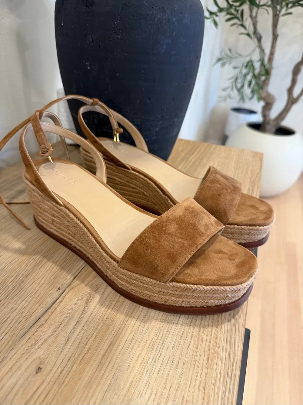 Ralph Lauren Cognac Suede Espadrille Platform Sandals
